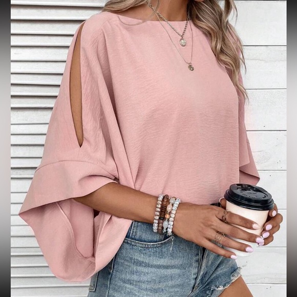 Tops - Oversized Cut Out Cold Shoulder Top Blouse Shirt